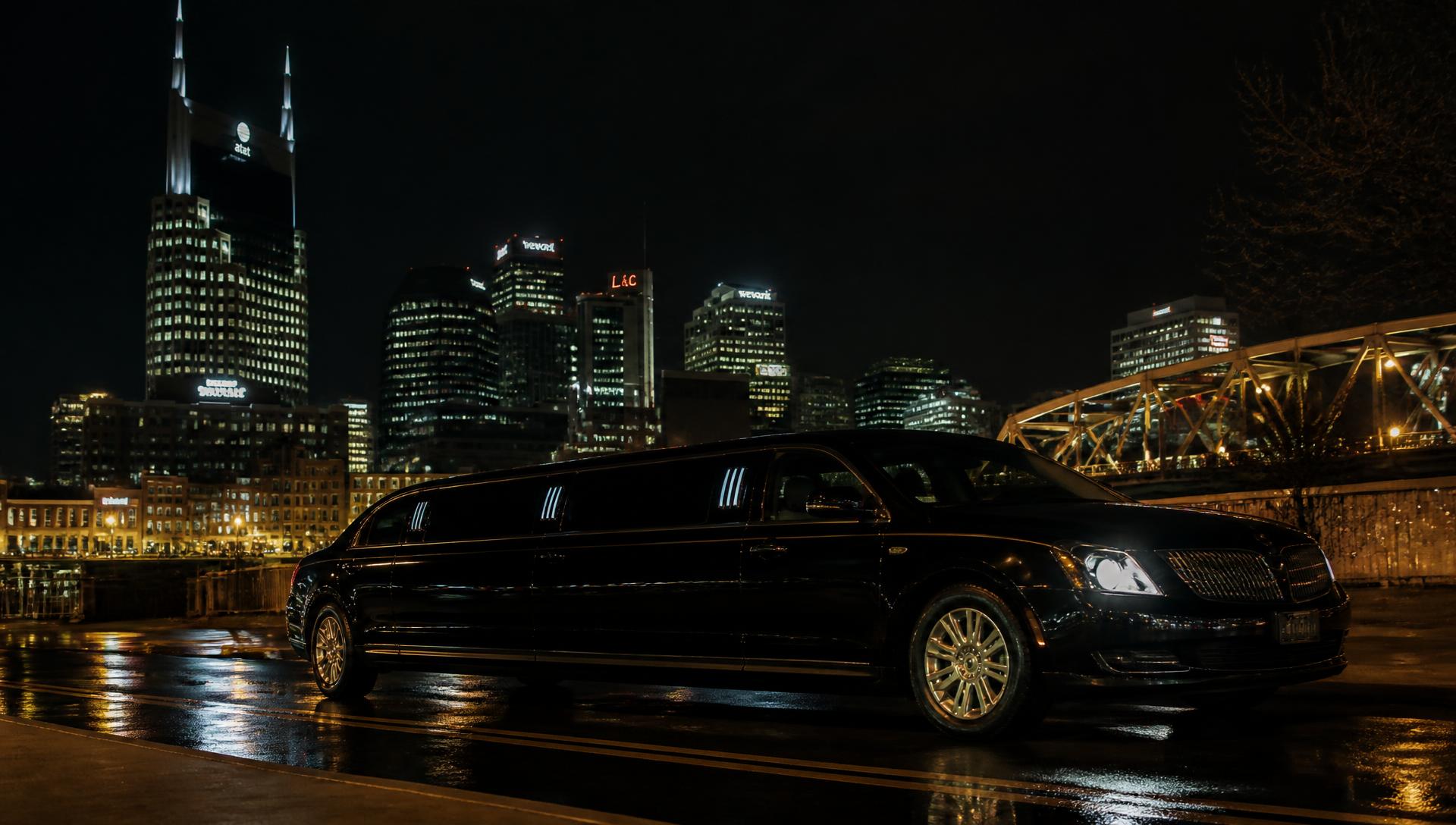 Black stretch limousine in front of the Nashville skyline at night